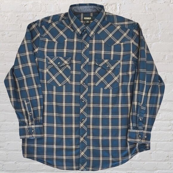 Outdoor Life Blue Western Plaid Button Up Long Sleeve Pearl Snap Buttons Size XL - Picture 2 of 15